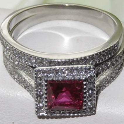 Jewellery Kingdom Ladies Set Princess Cut Engagement Wedding Band Stainless Steel Ring (Ruby) - Engagement Rings - British D'sire Main image