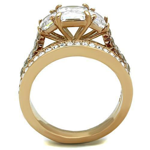 Jewellery Kingdom Ladies Set Rose Emerald Cut Engagement Wedding Band 4 Carat Steel Ring (Gold) - Jewelry Rings - British D'sire