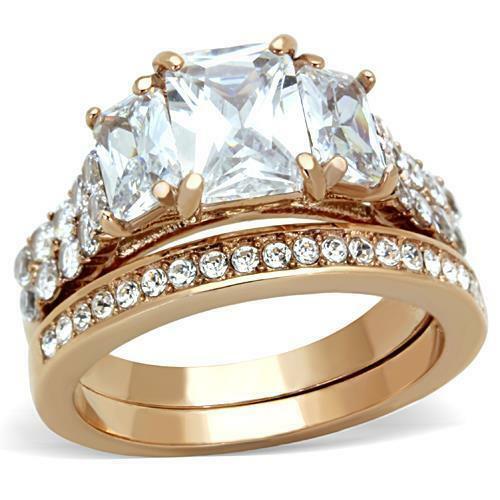 Jewellery Kingdom Ladies Set Rose Emerald Cut Engagement Wedding Band 4 Carat Steel Ring (Gold) - Jewelry Rings - British D'sire