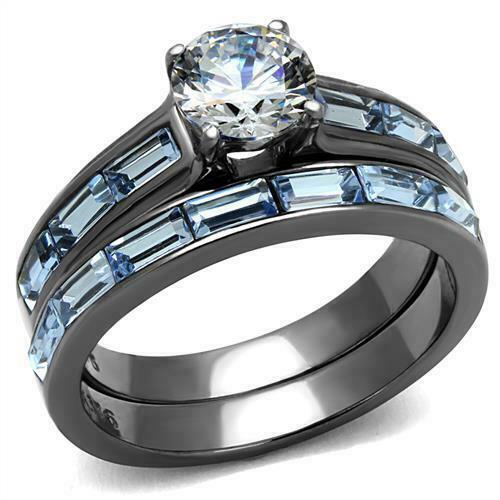 Jewellery Kingdom Ladies Set Sapphire Engagement Wedding Gun Metal 2pcs Ring - Engagement Rings - British D'sire Main image