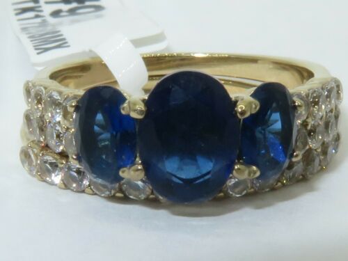 Jewellery Kingdom Ladies Set Sapphire Three Stone Engagement Wedding Band Steel 18kt Ring (Gold) - Jewelry Rings - British D'sire Main image