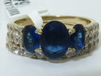 Jewellery Kingdom Ladies Set Sapphire Three Stone Engagement Wedding Band Steel 18kt Ring (Gold) - Jewelry Rings - British D'sire
