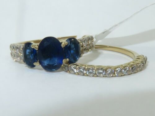 Jewellery Kingdom Ladies Set Sapphire Three Stone Engagement Wedding Band Steel Ring Secondary image