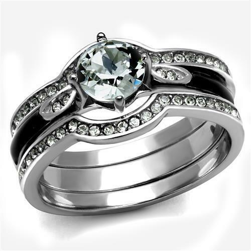 Jewellery Kingdom Ladies Set Stainless Steel Engagement 2 Bands Wedding Enamel Ring (Black) - Jewelry Rings - British D'sire Main image