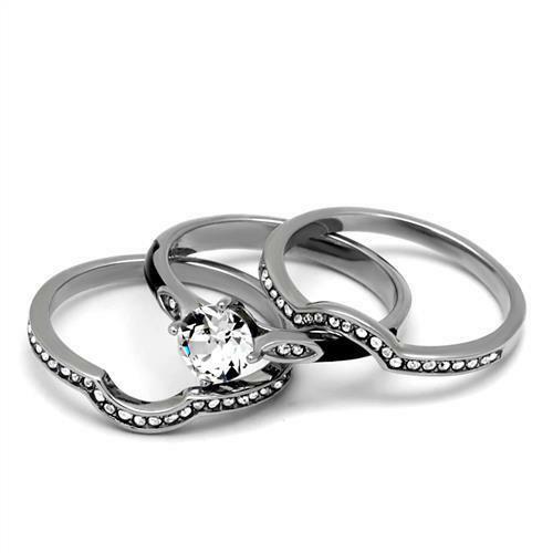 Jewellery Kingdom Ladies Set Stainless Steel Engagement 2 Bands Wedding Enamel Ring (Black) Secondary image