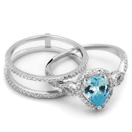 Jewellery Kingdom Ladies Set Sterling Silver Cubic Zirconia Guard Pear Engagement Band Ring (Blue Topaz) - Jewelry Rings - British D'sire
