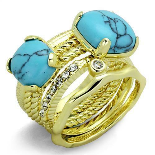 Jewellery Kingdom Ladies Set Turquoise Stacking Bands 5 Pieces Cz 18k Blue Matching Gold Ring - Jewelry Rings - British D'sire Main image