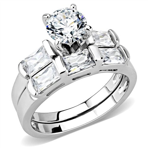 Jewellery Kingdom Ladies Set Wedding Band Engagement Emerald Cut Round 2 Carat Ring (Silver) - Jewelry Rings - British D'sire Main image