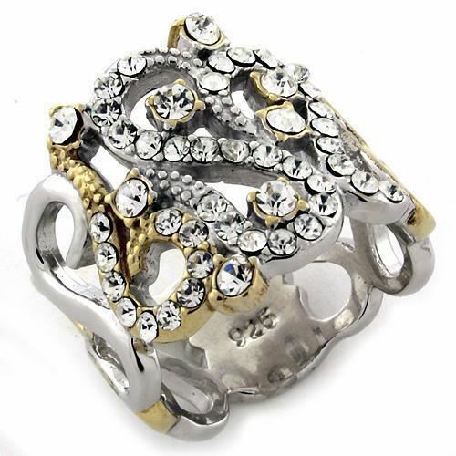 Jewellery Kingdom Ladies Silver Band Ring Sterling Silver 18kt Gold Stamped Cz Wide Fancy - Jewelry Rings - British D'sire Main image