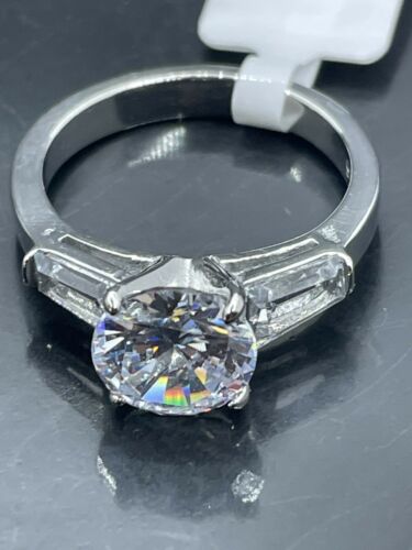 Jewellery Kingdom Ladies Silver Ring Three Stone Simulated Diamonds Stainless Steel Engagement - Jewelry Rings - British D'sire