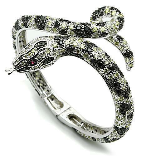 Jewellery Kingdom Ladies Snake Peridot Green Black Cubic Zirconia Bangle (Silver) - Bracelets & Bangles - British D'sire