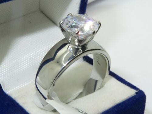 Jewellery Kingdom Ladies Solitaire Cubic Zirconia 4CT Stainless Steel Engagement Wide Band Ring (Silver) - Engagement Rings - British D'sire