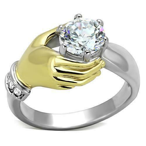 Jewellery Kingdom Ladies Solitaire Engagement Cubic Zirconia Stainless Steel Hand Gold 18kt Ring (Silver) - Jewelry Rings - British D'sire