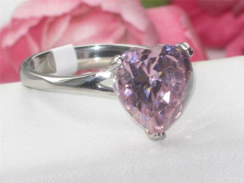 Jewellery Kingdom Ladies Solitaire Heart Sapphire Stainless Steel 4CT Pretty Ring (Silver & Pink) - Jewelry Rings - British D'sire