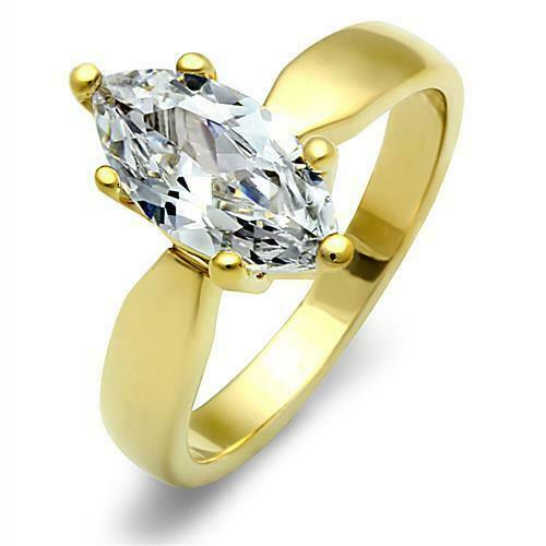 Jewellery Kingdom Ladies Solitaire Marquise Simulated Diamonds 2K Steel Ring Gold - Rings - British D'sire Main image