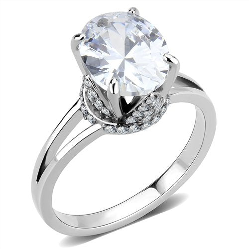 Jewellery Kingdom Ladies Solitaire Oval 25 Carat Stainless Steel Cubic Zirconia crown setting ring (Silver) - Jewelry Rings - British D'sire Main image
