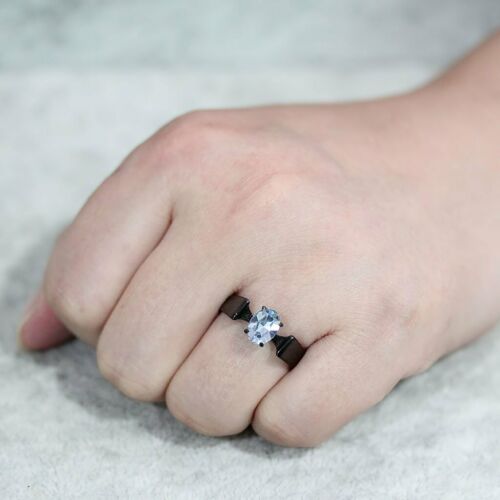 Jewellery Kingdom Ladies Solitaire Oval Aquamarine Stainless Steel Ring (Black) - Jewelry Rings - British D'sire