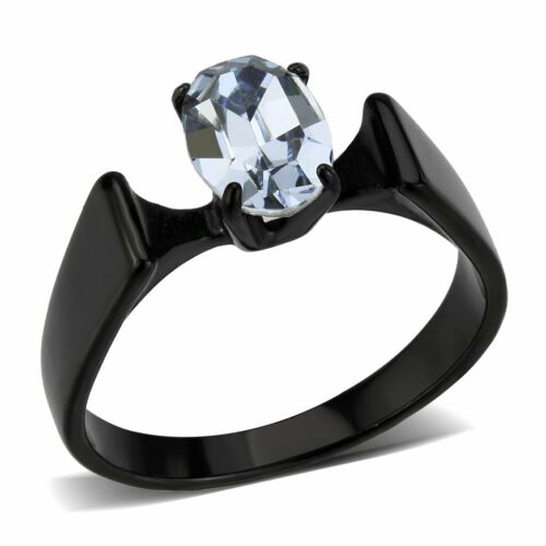 Jewellery Kingdom Ladies Solitaire Oval Aquamarine Stainless Steel Ring (Black) - Jewelry Rings - British D'sire