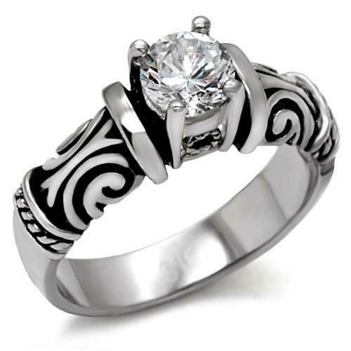 Jewellery Kingdom Ladies Solitaire Scroll Stamped Stainless Steel 1.50K Ring (Silver) - Rings - British D'sire Main image