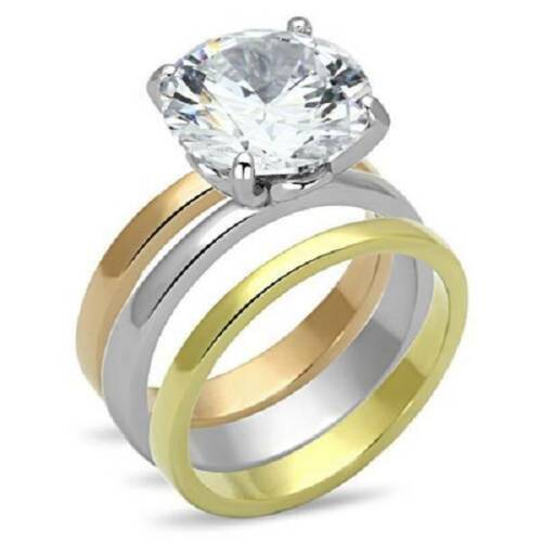 Jewellery Kingdom Ladies Solitaire Wedding Engagement Bands Set Stainless Steel Ring (Gold) - Rings - British D'sire Main image