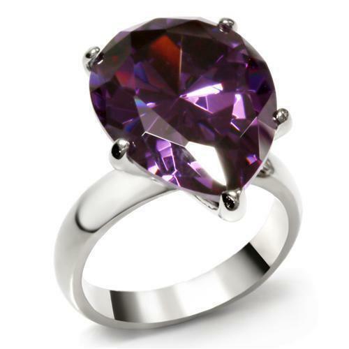 Jewellery Kingdom Ladies Sparkling Amethyst Pear Solitaire Stainless Steel Cocktail Ring - Rings - British D'sire Main image