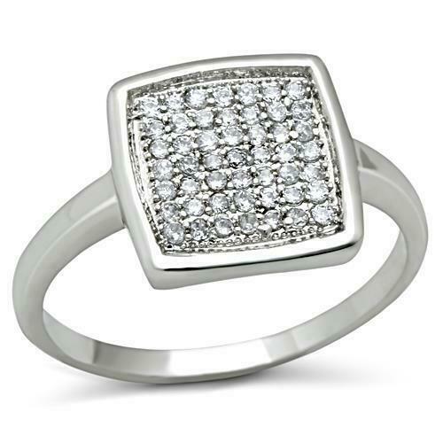 Jewellery Kingdom Ladies Square Flat Sparkling Pave Rhodium Ring (Silver) - Rings - British D'sire