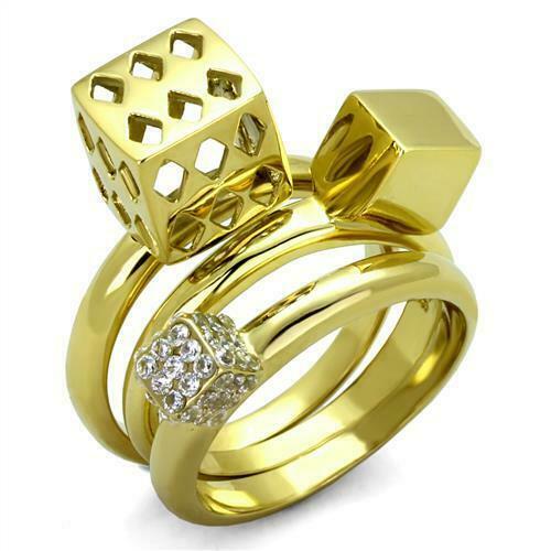 Jewellery Kingdom Ladies Stacking Bands Dice 3pcs Cz 18kt Steel New Cocktail Ring Set (Gold) - Jewelry Rings - British D'sire Main image
