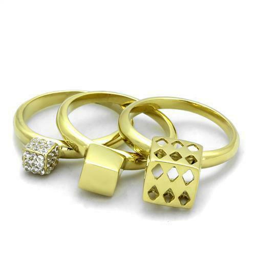 Jewellery Kingdom Ladies Stacking Bands Dice 3pcs Cz 18kt Steel New Cocktail Ring Set (Gold) Secondary image