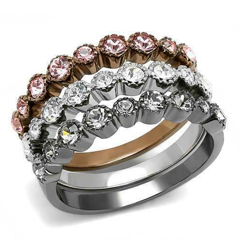Jewellery Kingdom Ladies Stacking Bands Eternity Cubic Zirconia Stainless Steel Rings (Pink) - Jewelry Rings - British D'sire Main image