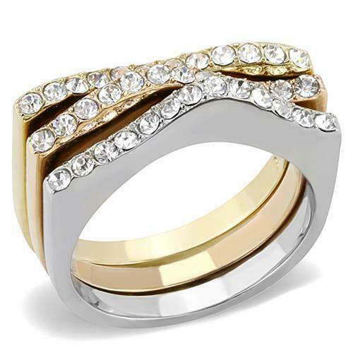 Jewellery Kingdom Ladies Stacking Cz Rose Gold Wedding Yellow Stainless Steel 3pc Bands Rings - Jewelry Rings - British D'sire Main image