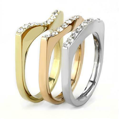 Jewellery Kingdom Ladies Stacking Cz Rose Gold Wedding Yellow Stainless Steel 3pc Bands Rings - Jewelry Rings - British D'sire