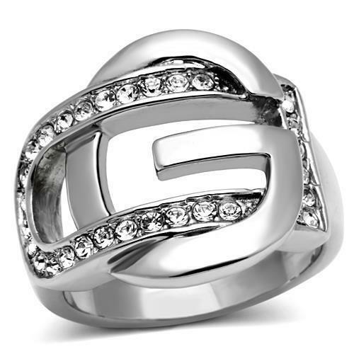 Jewellery Kingdom Ladies Stainless Steel Silver Buckle Ring Band With Simulated Diamonds - Jewelry Rings - British D'sire Main image