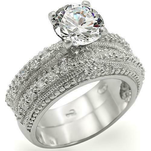 Jewellery Kingdom Ladies Sterling Silver CZ Solitaire Pave Engagement Wedding Band Ring Set - Jewelry Rings - British D'sire Main image
