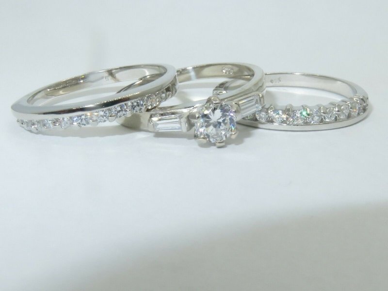 Jewellery Kingdom Ladies Sterling Silver Engagement Wedding Bands 3pcs Solitaire Ring Set - Jewelry Rings - British D'sire