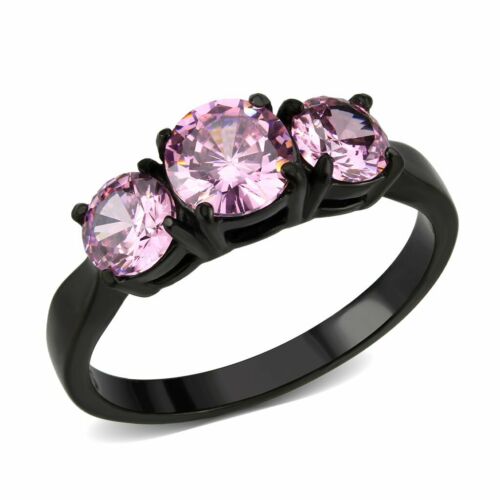 Jewellery Kingdom Ladies Three Pink Stone Cubic Zirconia Anniversary Steel Ring (Black) - Jewelry Rings - British D'sire