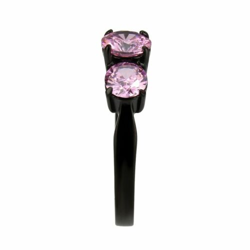 Jewellery Kingdom Ladies Three Pink Stone Cubic Zirconia Anniversary Steel Ring (Black) - Jewelry Rings - British D'sire