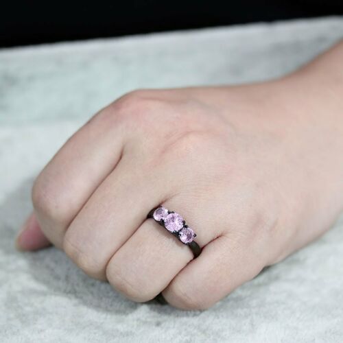 Jewellery Kingdom Ladies Three Pink Stone Cubic Zirconia Anniversary Steel Ring (Black) Secondary image