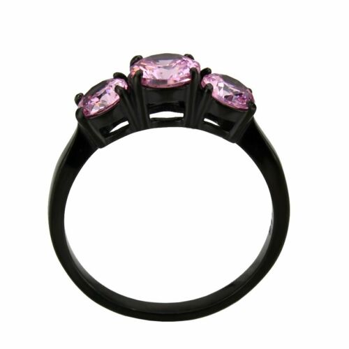 Jewellery Kingdom Ladies Three Pink Stone Cubic Zirconia Anniversary Steel Ring (Black) - Jewelry Rings - British D'sire