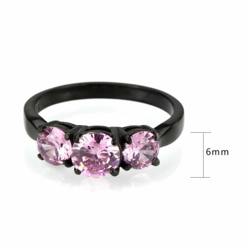 Jewellery Kingdom Ladies Three Pink Stone Cubic Zirconia Anniversary Steel Ring (Black) - Jewelry Rings - British D'sire