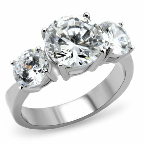 Jewellery Kingdom Ladies Three Stone 4 Carat Stainless Steel Cubic Zirconia Anniversary Ring (Silver) - Jewelry Rings - British D'sire Main image