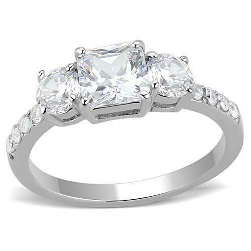Jewellery Kingdom Ladies Three Stone Princess Cut Anniversary Stainless Steel Ring (Silver) - Jewelry Rings - British D'sire Main image