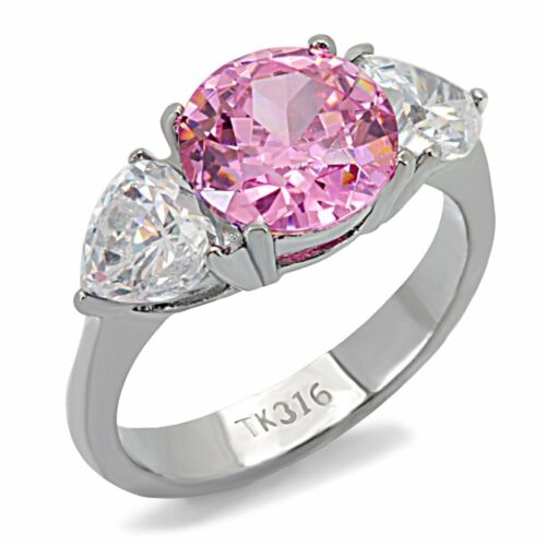 Jewellery Kingdom Ladies Three Stone Sapphire Silver Stainless Steel Anniversary Ring (Pink) - Jewelry Rings - British D'sire Main image
