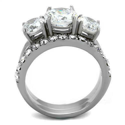 Jewellery Kingdom Ladies Three Stone Set Past Present Future Cz Wedding Engagement Steel Ring - Jewelry Rings - British D'sire Main image