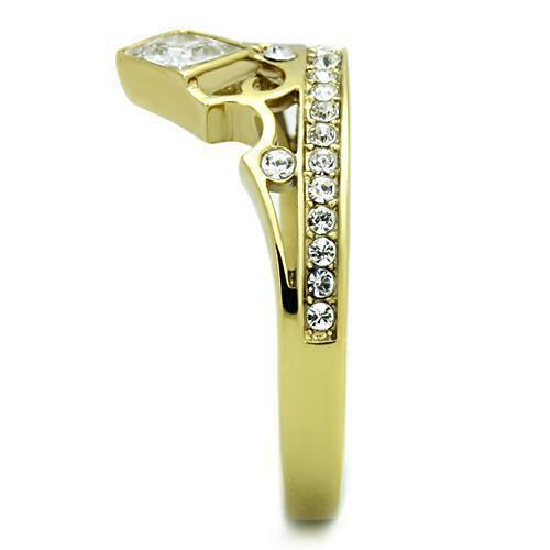 Jewellery Kingdom Ladies Tiara Princess Cut Flat Steel Cubic Zirconia Gold Crown Ring - Jewelry Rings - British D'sire