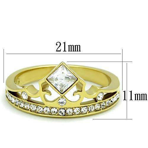 Jewellery Kingdom Ladies Tiara Princess Cut Flat Steel Cubic Zirconia Gold Crown Ring - Jewelry Rings - British D'sire