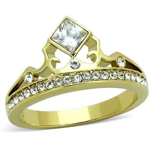 Jewellery Kingdom Ladies Tiara Princess Cut Flat Steel Cubic Zirconia Gold Crown Ring - Jewelry Rings - British D'sire Main image