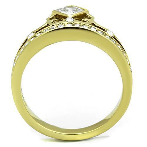 Jewellery Kingdom Ladies Tiara Princess Cut Flat Steel Cubic Zirconia Gold Crown Ring - Jewelry Rings - British D'sire