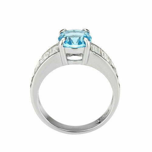 Jewellery Kingdom Ladies Topaz Cubic Zirconia Emerald Cuts Stainless Steel Designer 3ct Ring (Silver Blue) - Jewelry Rings - British D'sire