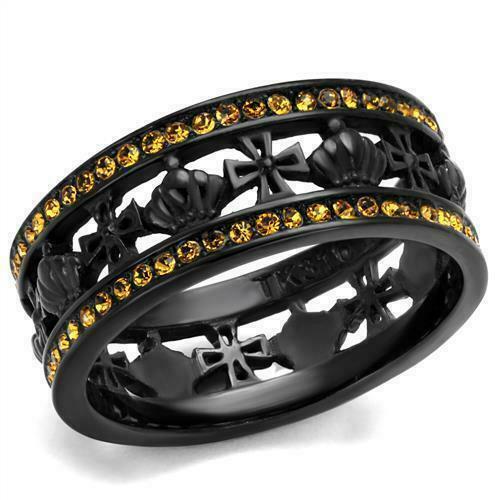 Jewellery Kingdom Ladies Topaz Goth Biker Crown Cross Cubic Zirconia Band Ring Black - Jewelry Rings - British D'sire