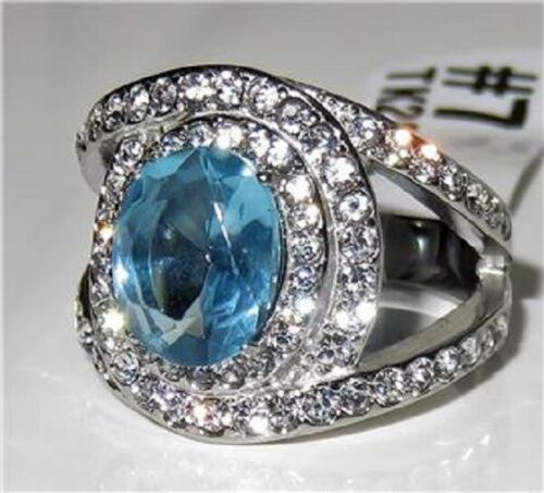 Jewellery Kingdom Ladies Topaz Oval Cz 1.60 Carat Cocktail Stainless Steel Silver Ring (Blue) - Jewelry Rings - British D'sire Main image